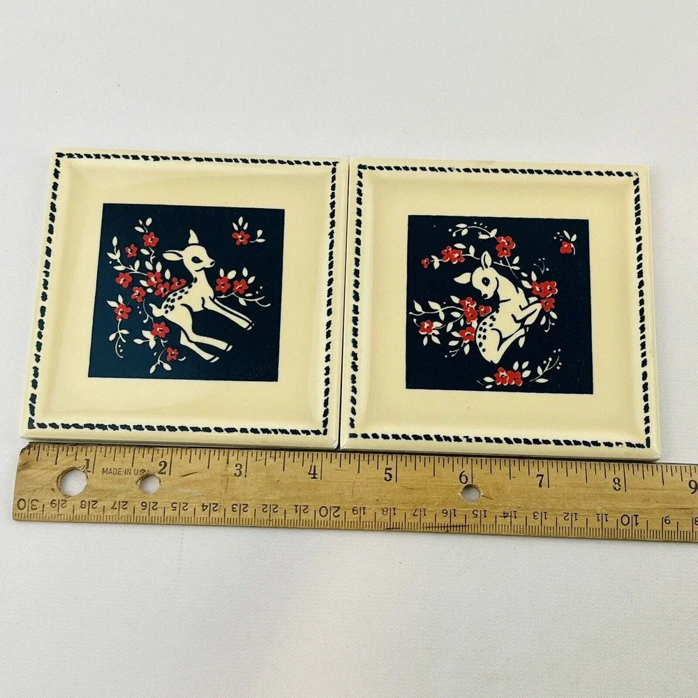 Vintage Kemptone Deer Tile‎ Set of 2 Ivory Blue Pink Flowers 4x4 Original Box